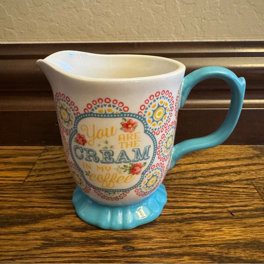 The Pioneer Woman Cream in My Coffee Ceramic Pitcher - Turquoise Handle